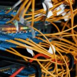 Close up view of internet equipment and cables in the server room
