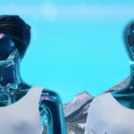 Unreal futuristic robot cyborgs with mountains and blue sky in the background, metaverse concept